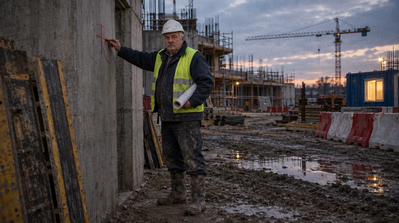 Construction site, the work front at dusk: a person marks a spot on a formed wall with a thick carpenter's pencil, a working drawing rolled up under the arm.