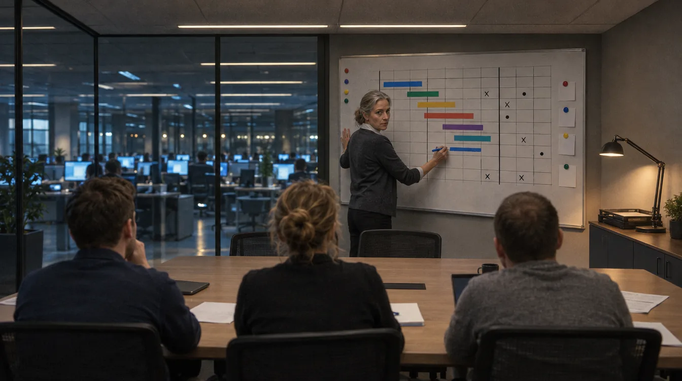 A glass-walled room, a conversation with the team: a person at the board with the closing schedule, several people at the table seen from behind.