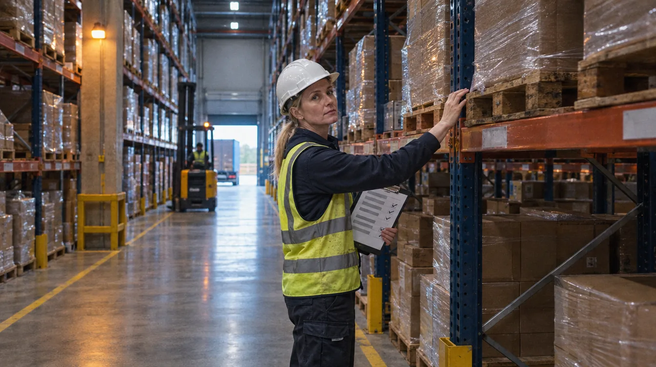 High-bay warehouse: a person on the floor between the racks, a clipboard in hand.