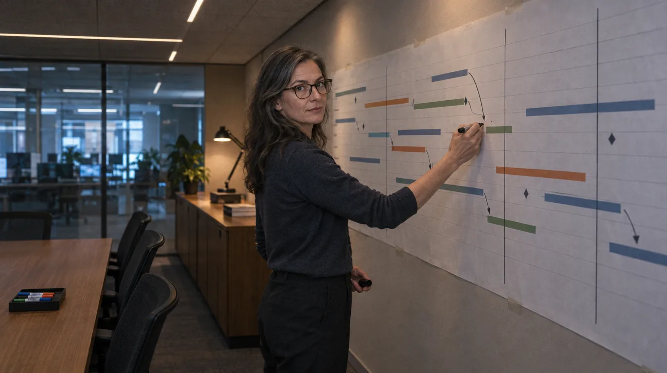A room, a wall project plan: task bars on the wall plan, a person draws a dependency arrow between two of the bars.
