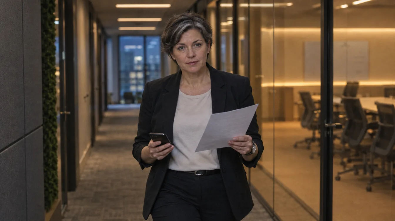 The corridor outside the room, before a speech: a sheet of talking points in the hand, a person reads it while walking, a phone in the other hand.