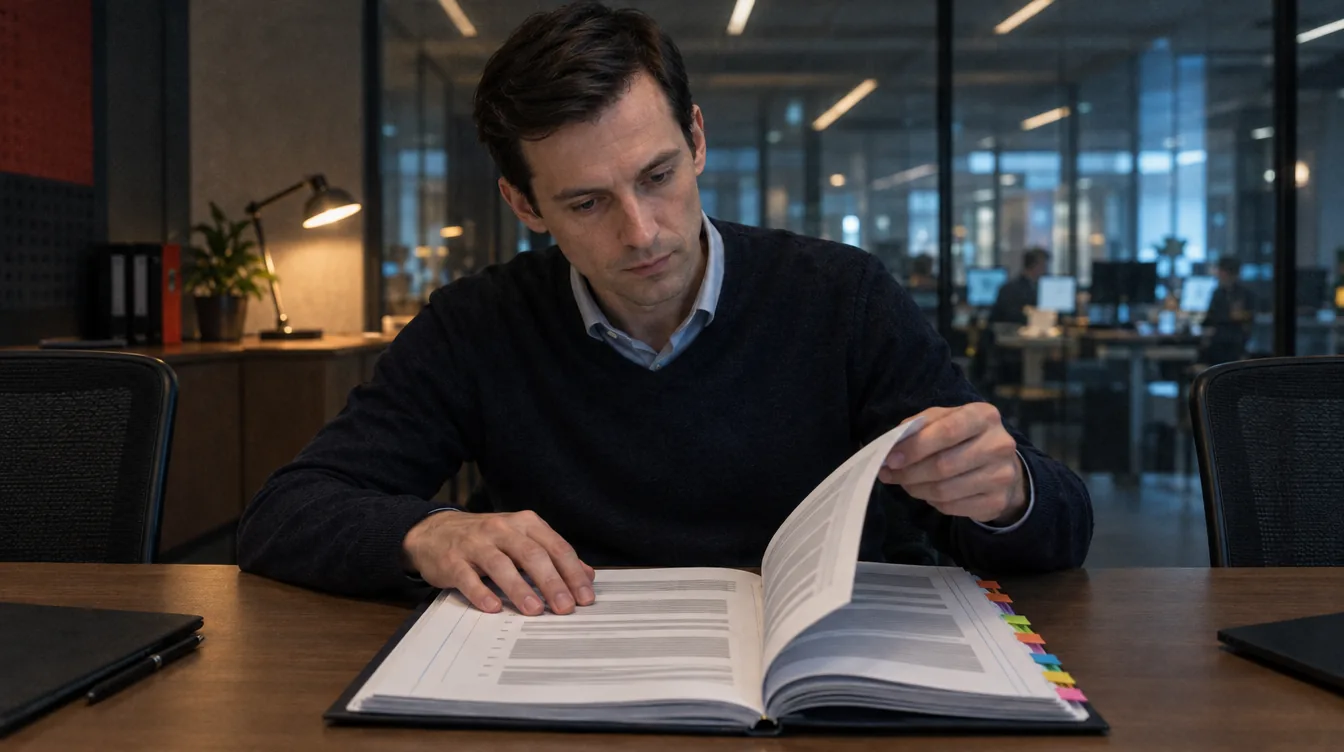 Conference room, a contract on the table: a thick contract printout with tabs, a person turns a page.
