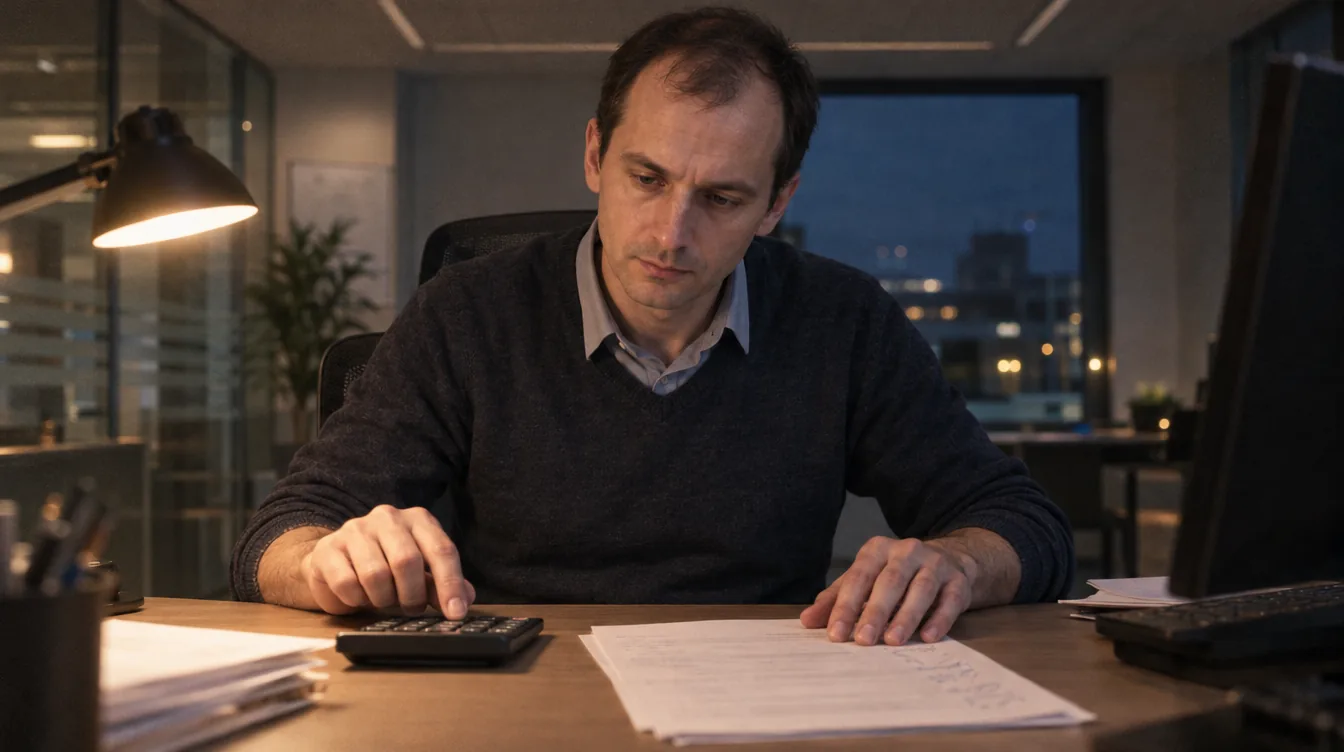 An office, late evening, a desk lamp: a printed statement with notes in the margin, a person works something out on a calculator.