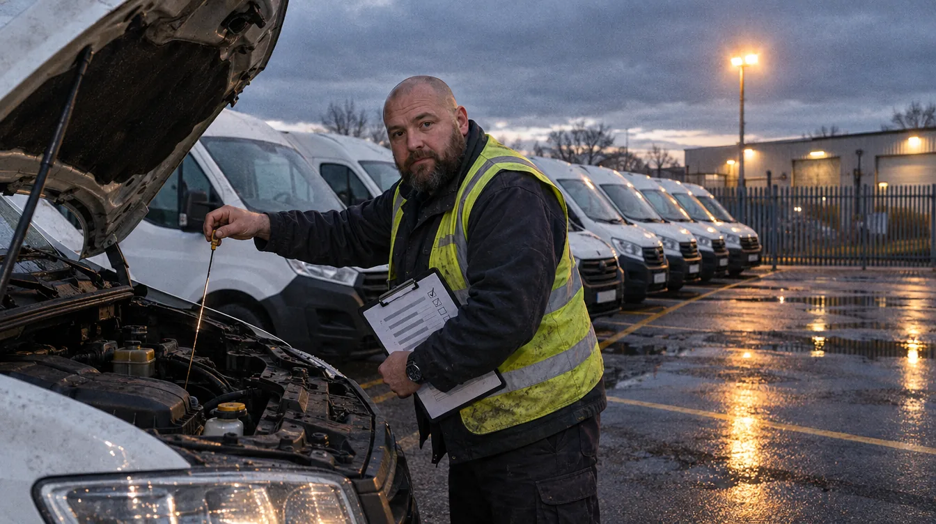 The yard in front of the depot, a row of vehicles: a person at a car with the vehicle record card.