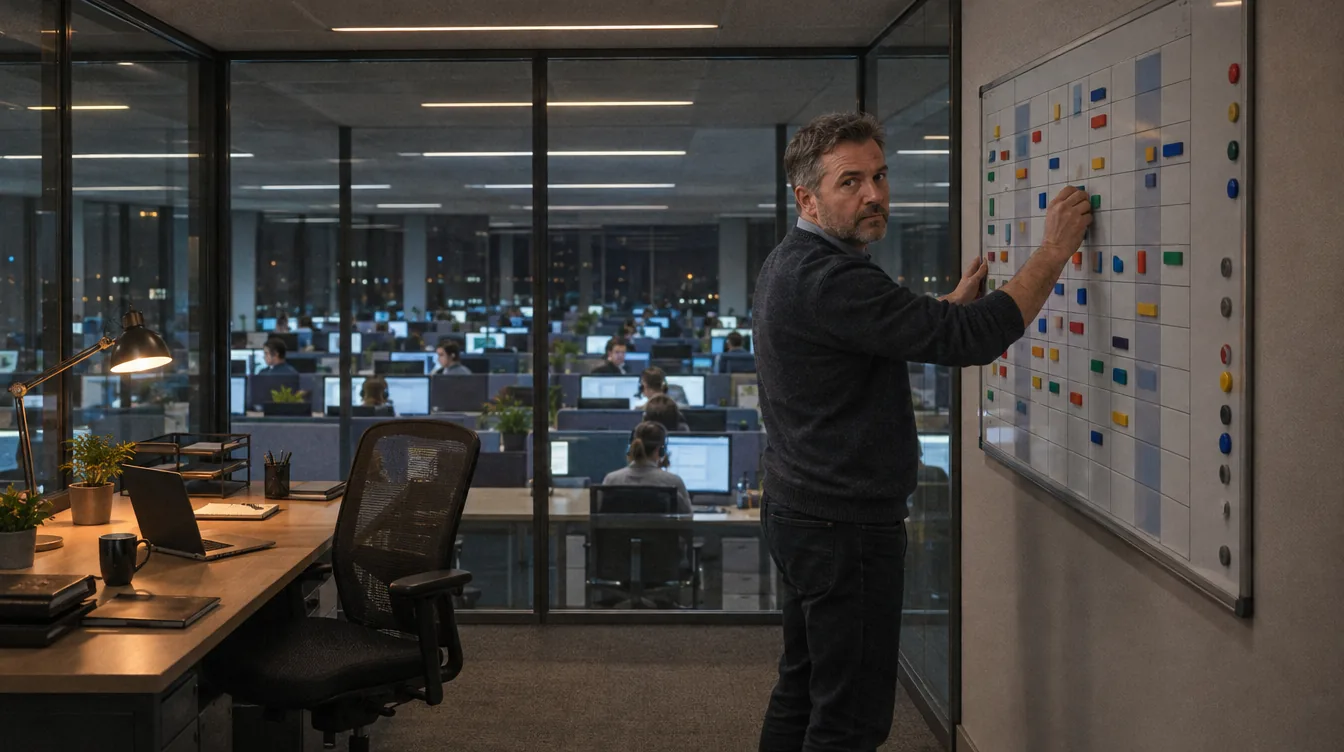 A glass-walled office above the service floor: a person at the board with the staffing rota, the workstations in the background.