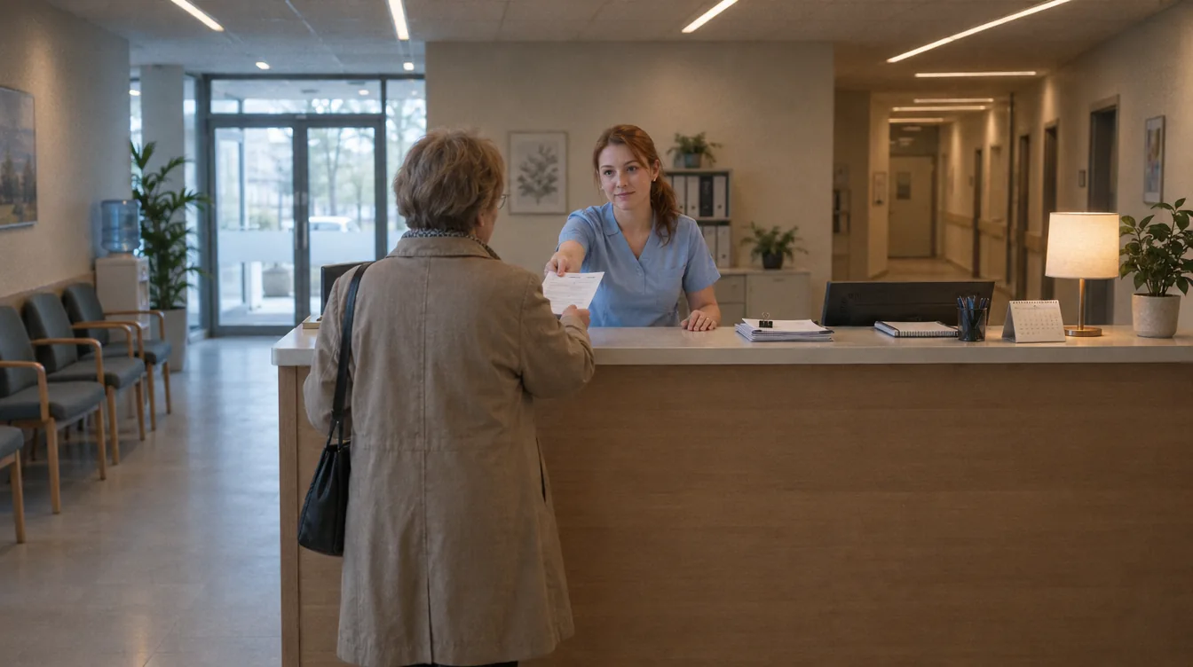 Reception of a private clinic: a person at the counter hands a patient a printed appointment card.