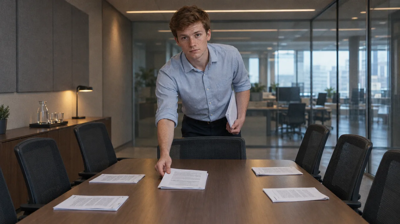 An empty room before a meeting: a person lays out sets of materials at the places around the table, holding the remaining sets at the side.
