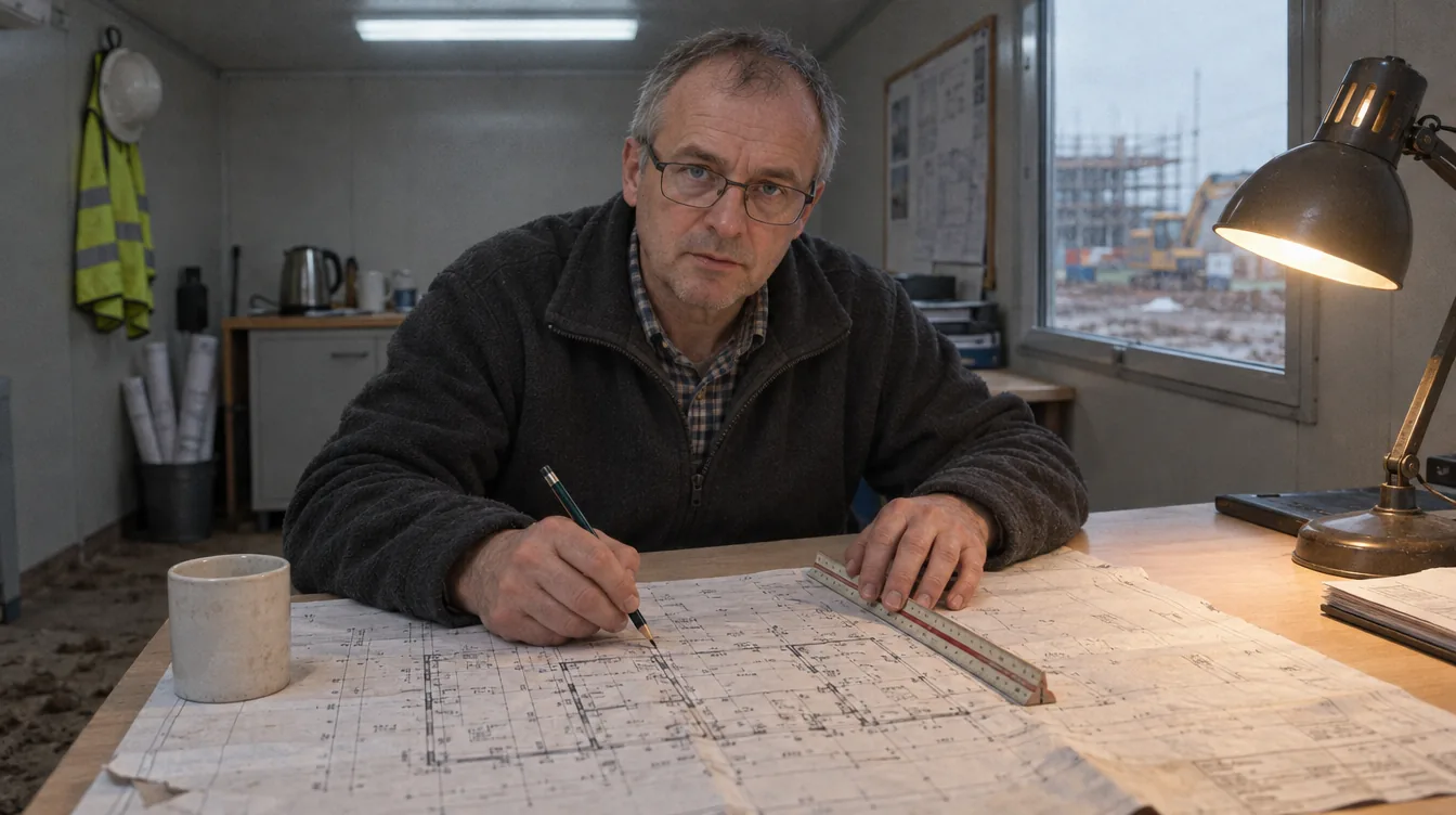 Site office, a drawing on the table: a person measures on the drawing with a scale ruler and writes the result down.