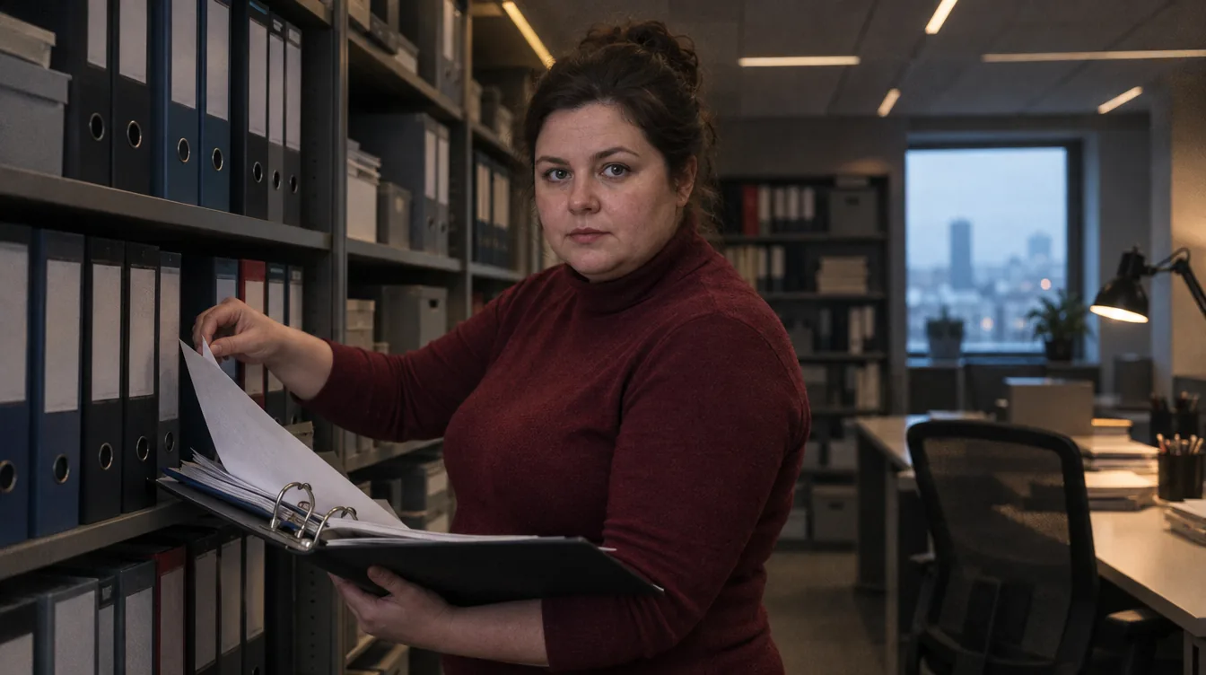 Accounting office, a shelf of binders in the background: an open binder on the lap, a person looks for a document.