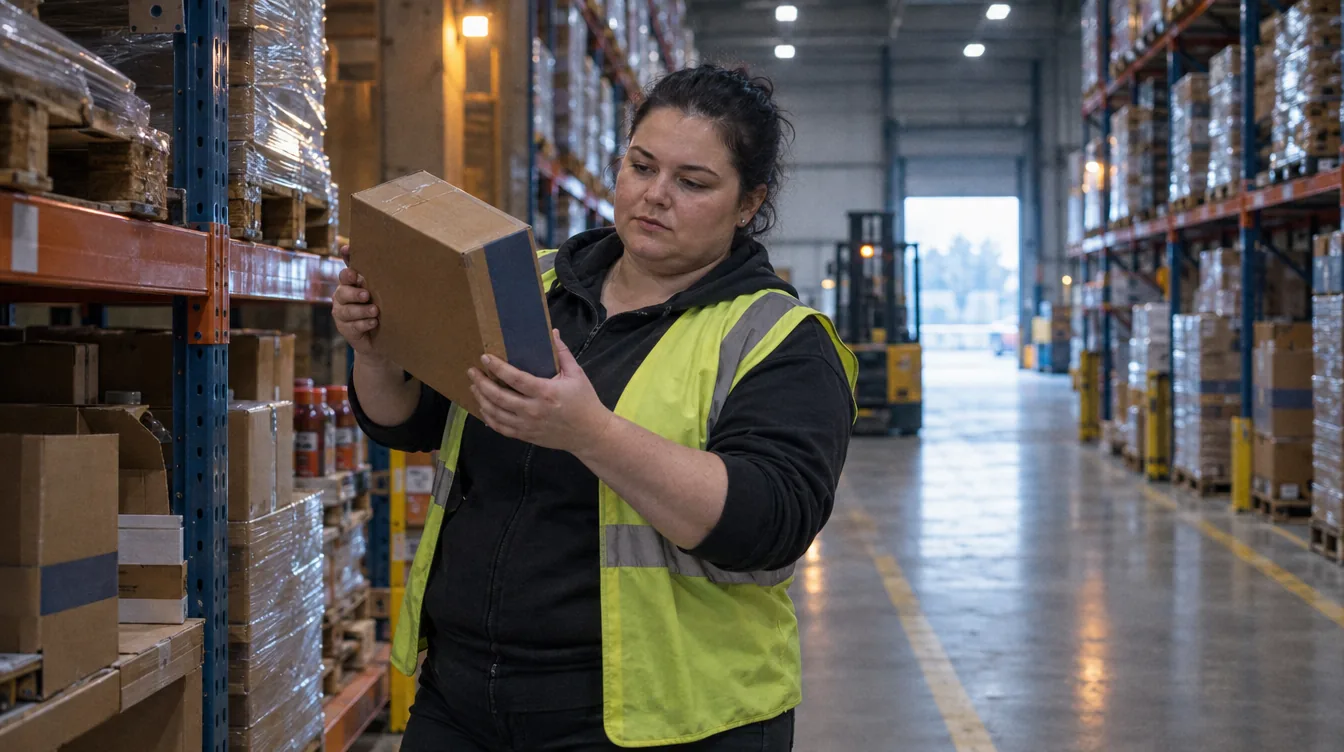 Warehouse, at the product shelf: a person takes a product off the shelf and looks at it closely.