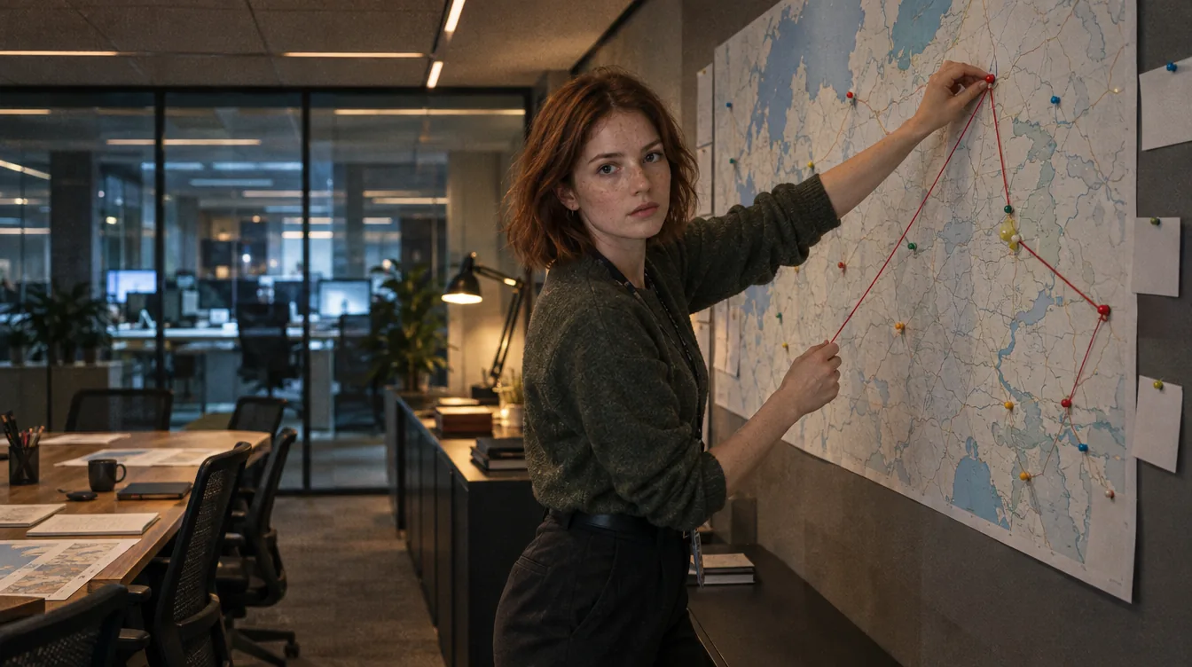 Project room, a map on the wall: a person at a map with no labels.