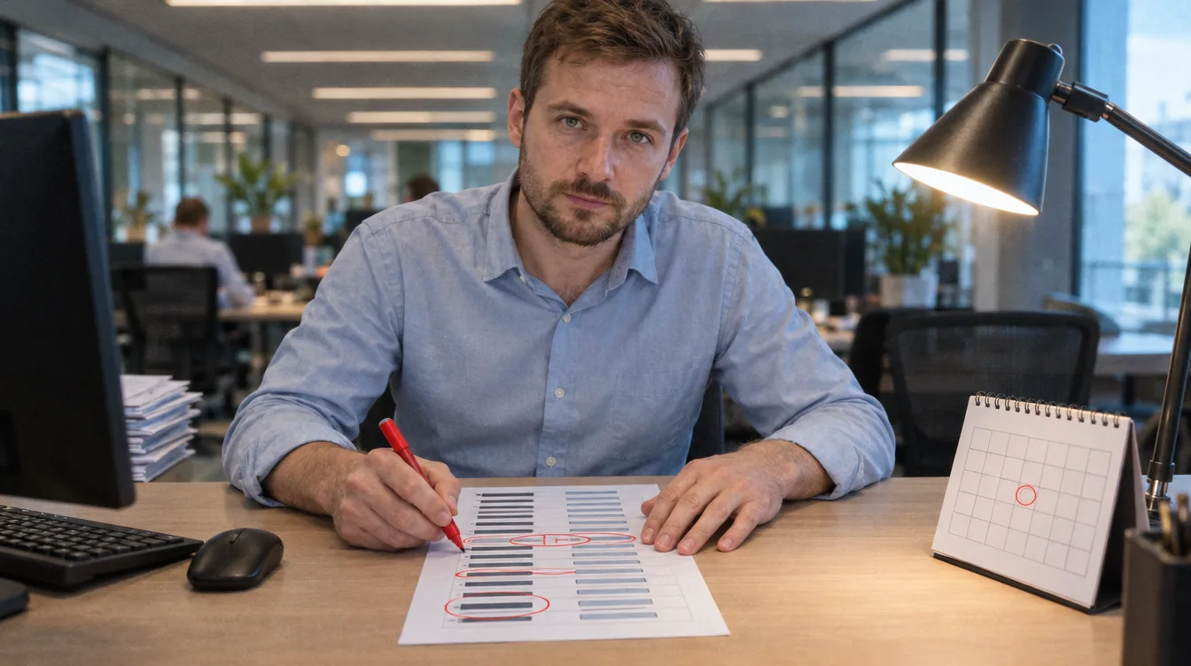 A desk, the licence register: a printout of the register - a column of licences bought and a column of licences assigned; a person circles the rows where the numbers do not match, a desk calendar next to it with the renewal date circled.
