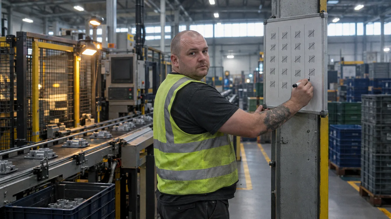 At the line, mid-shift: a person marks a tally stroke for a finished batch on the board by the line.