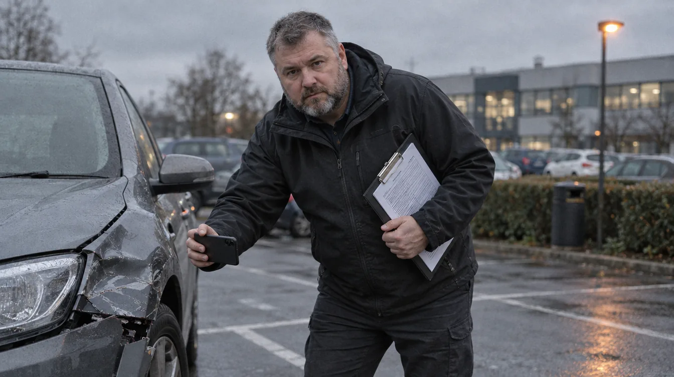 Car park, an inspection of a damaged car: a person photographs the damage with a phone, a clipboard under the arm.