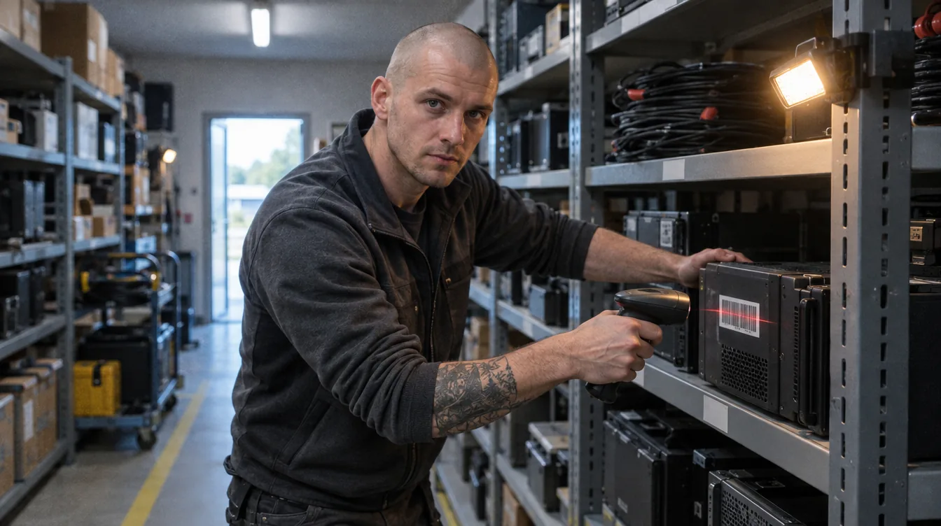 The company's technical store: a person with a barcode scanner at a device on the shelf.