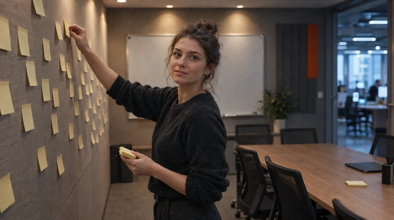 Project room, a wall of sticky notes: a person moves the sticky notes around on the wall.