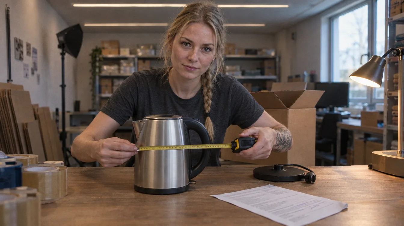 E-commerce office, a product on the table: a person measures the product with a tape measure against the dimensions in the product record.