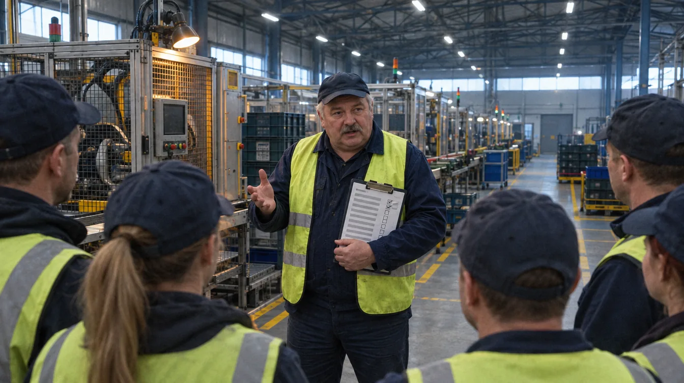 Shop floor, the start of a shift at the line: a person in a hi-vis vest in front of the team (seen from behind), a clipboard with the shift report.