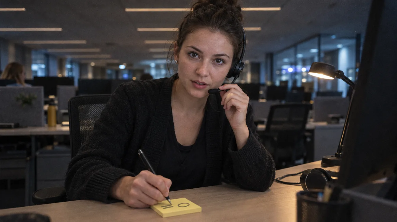 Customer service open space, a headset: a person makes a note on a slip of paper during a call.
