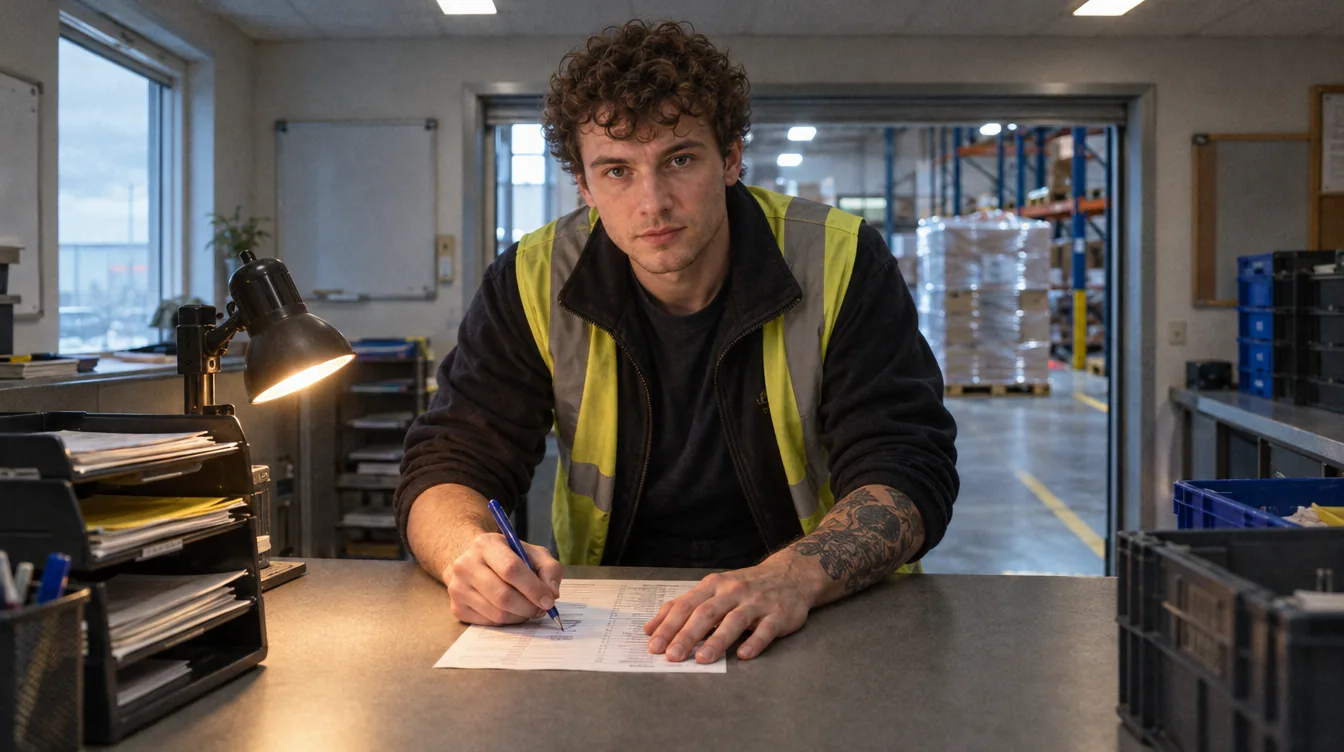 Office next to the warehouse, a service hatch: an order printout on the counter, a person ticks off the lines with a pen.