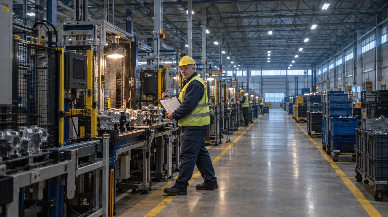 The supplier's shop floor, during an audit: a person with a checklist on a clipboard walks along the line.