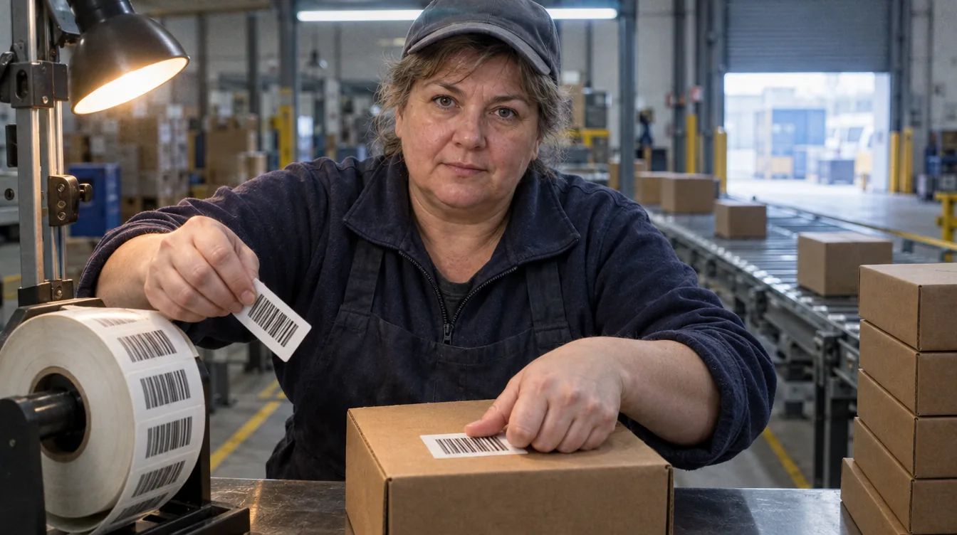 Labelling station: a roll of labels, a person sticks a label on a carton.