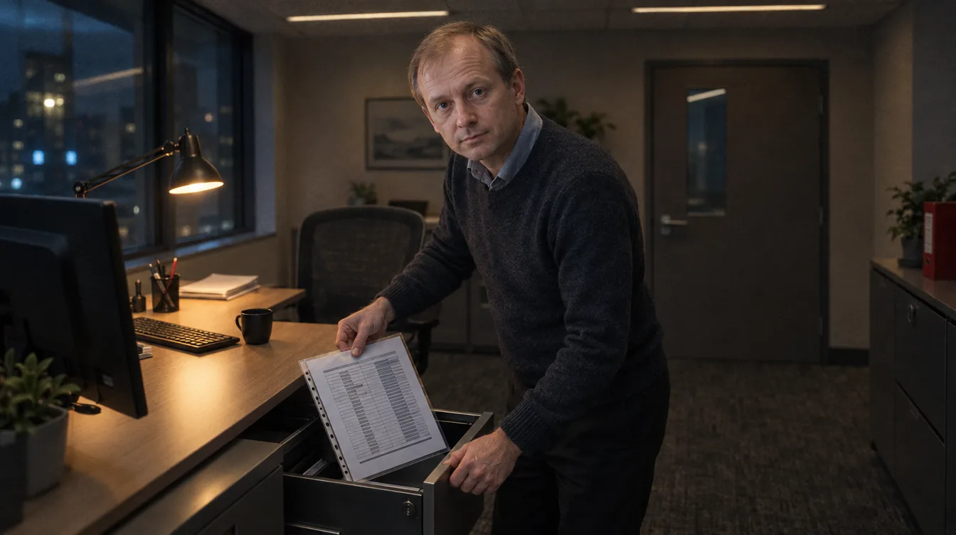 A quiet office, the door closed: a printed list in a sleeve, a person puts it away in a lockable drawer.