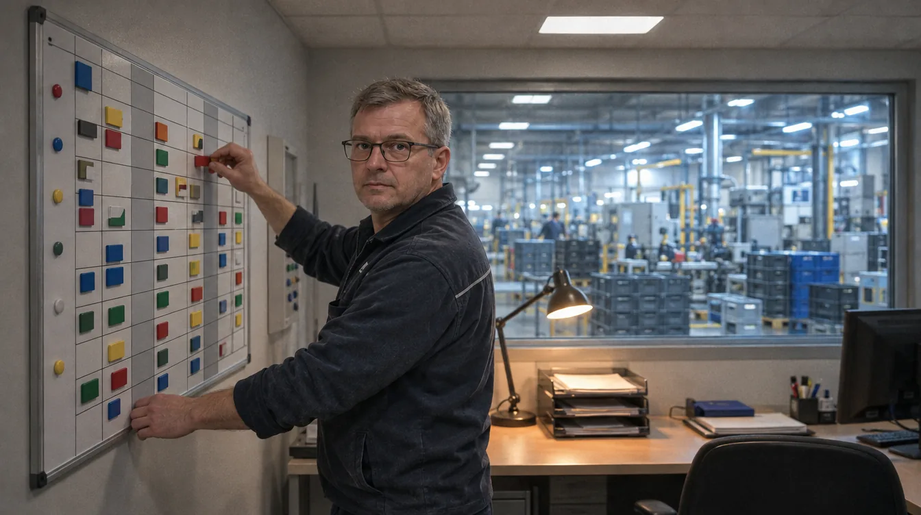 Office by the shop floor, a window onto the line: a magnetic planning board, a person moves a magnet to a different day.