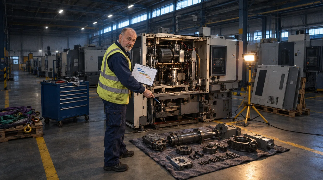 Shop floor during a shutdown, a machine stripped down: a person with the schedule on a clipboard at the dismantled machine.