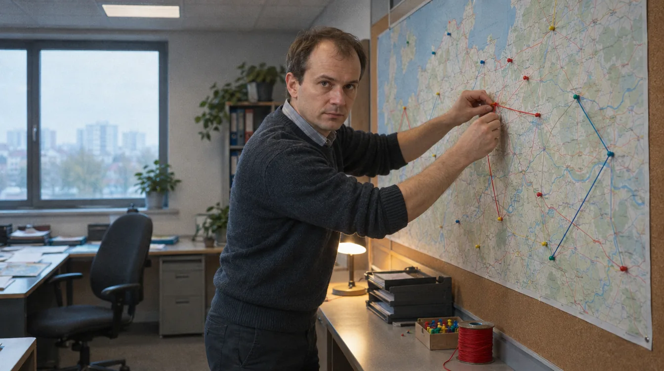 Office, a regional map on the wall: a person draws a route on a map with no labels.