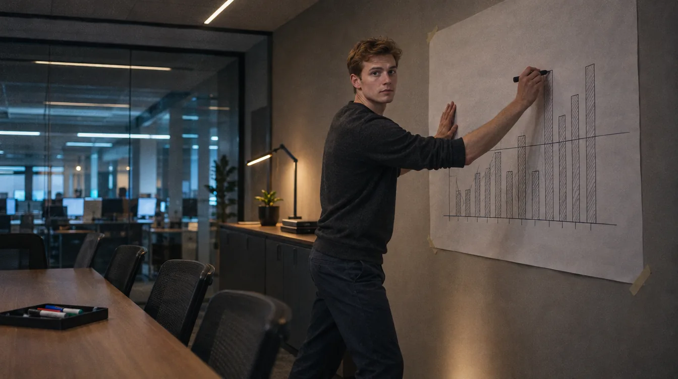 Project room, a chart on the wall: a person draws the load on the line as bars on a large sheet.
