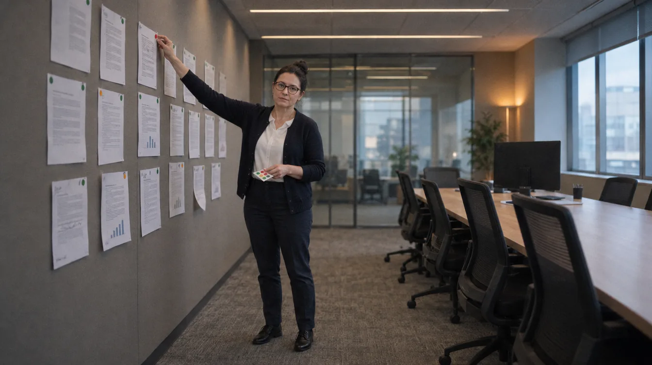 Project room, the portfolio wall: a grid of twelve identical project cards on the wall, a person sticks a coloured status dot on one of them, a sheet of dots in the other hand.