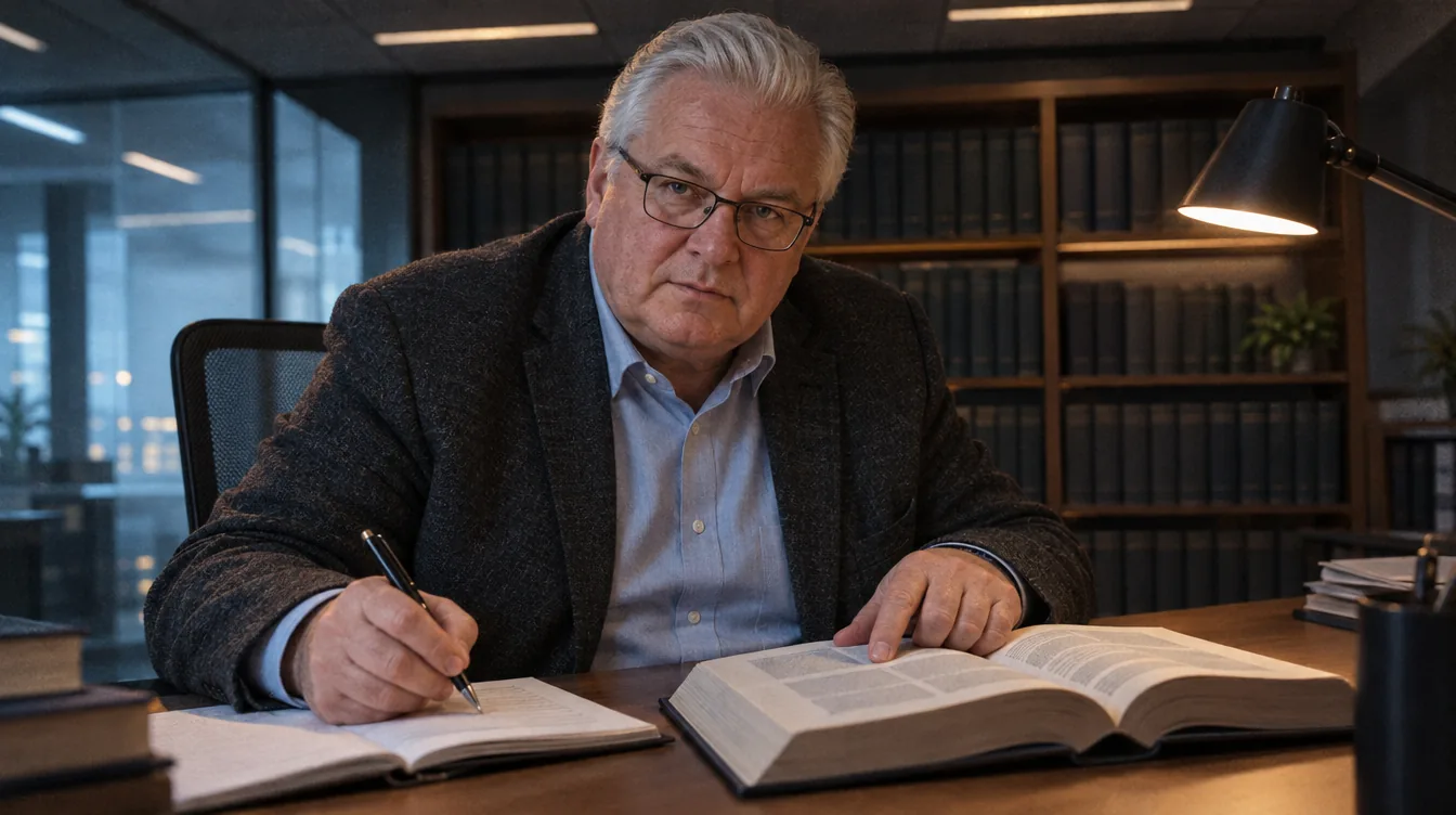 Office, a bookshelf in the background: an open book of regulations, a person holds a paragraph down with a finger and takes notes.