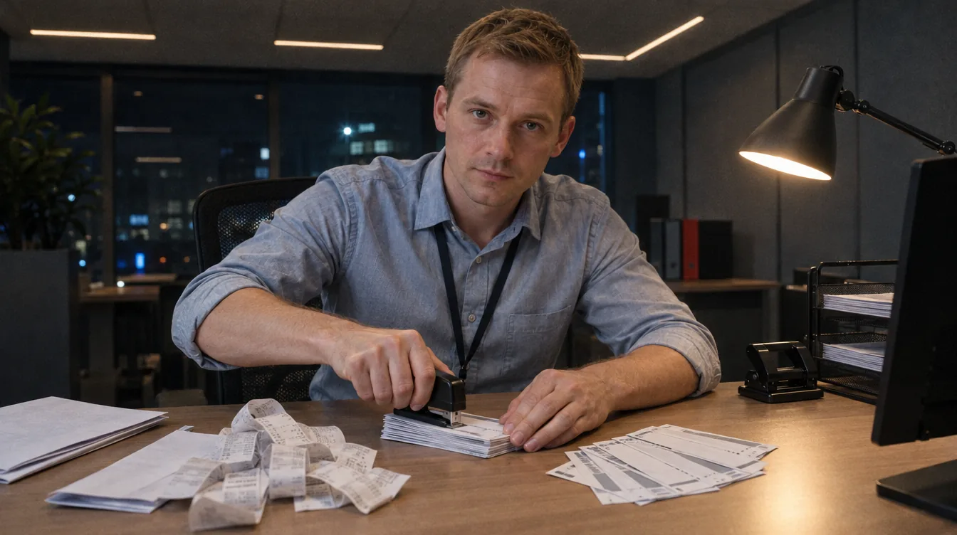 Office, a worktop with travel documents: a stack of tickets and receipts, a person staples them together.