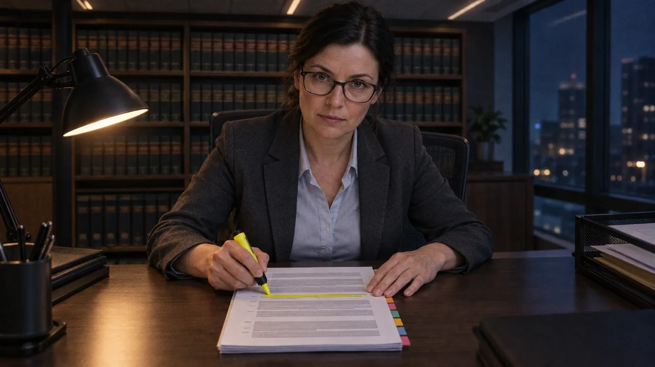 An office, a shelf of legal codes: a contract printout with tabs, a person marks a passage with a highlighter.