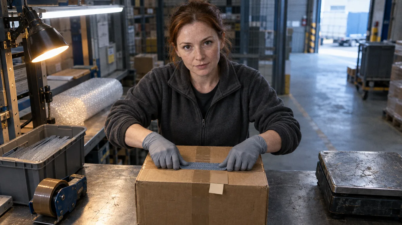 Packing area, a special shipment: a brown shipping carton taped shut, a person presses a seal down on the seam.