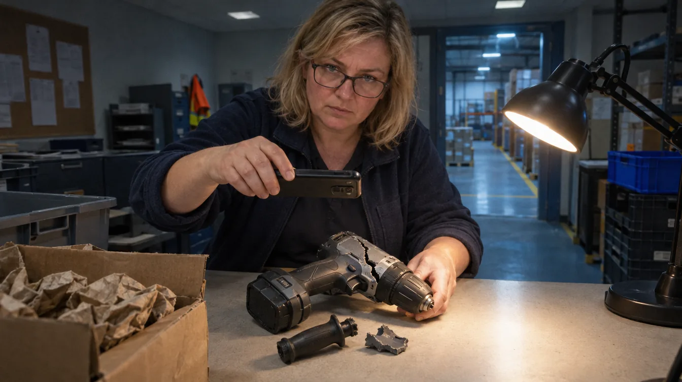 A table with the goods under complaint: a drill with a cracked housing on the inspection table, the broken-off handle next to it, a person photographs the damage with a phone.