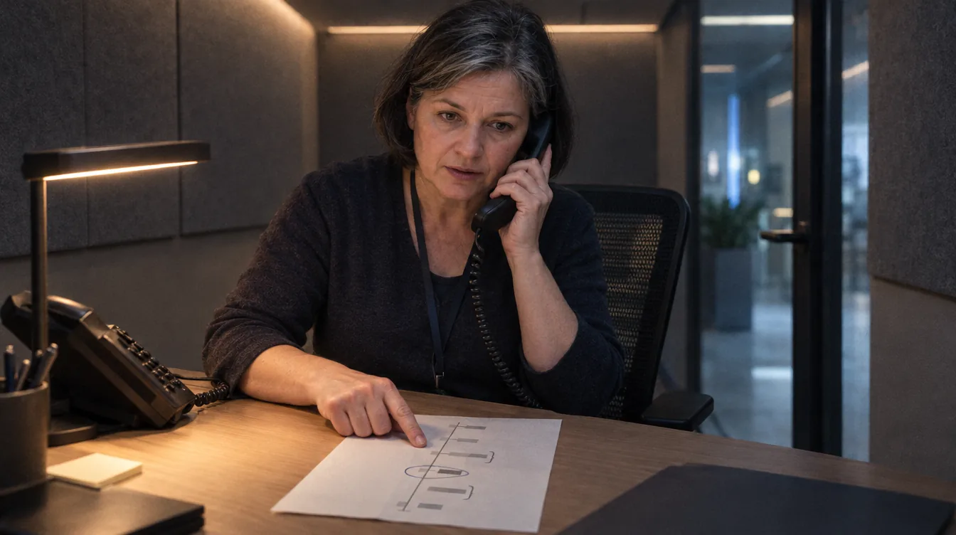 A small interview room, a phone: a person with the phone at the ear, a sheet with the customer's history in front.