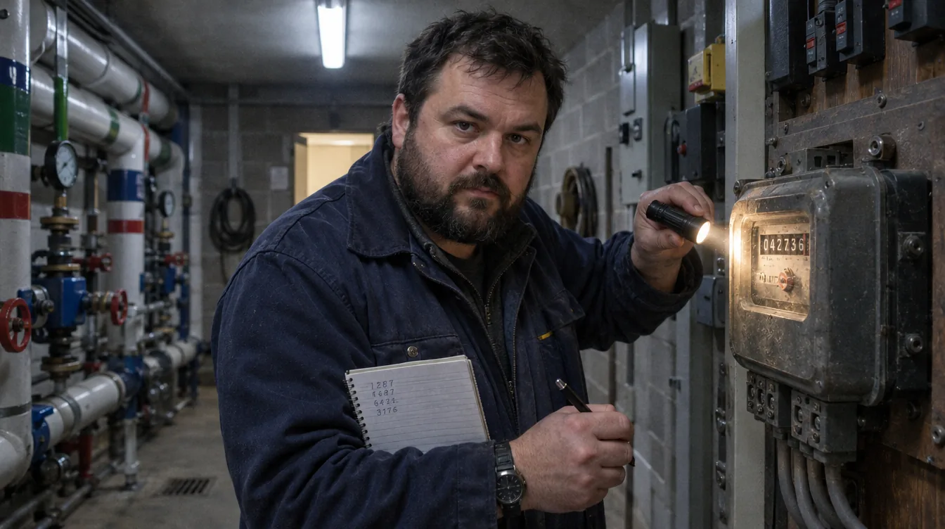 Plant room, a meter: a person writes the meter reading down in a notebook.