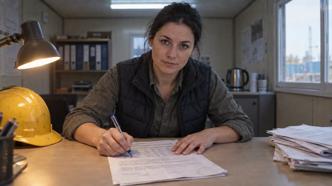 Site office container: an acceptance protocol on the table, a person signs it with a pen.