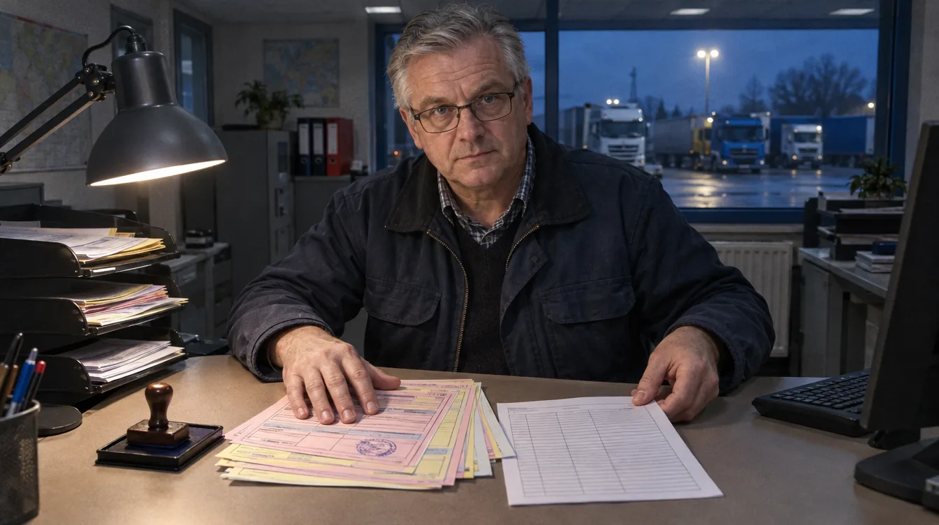 Office at the transport depot: a stack of consignment notes, a person checks them against an invoice.