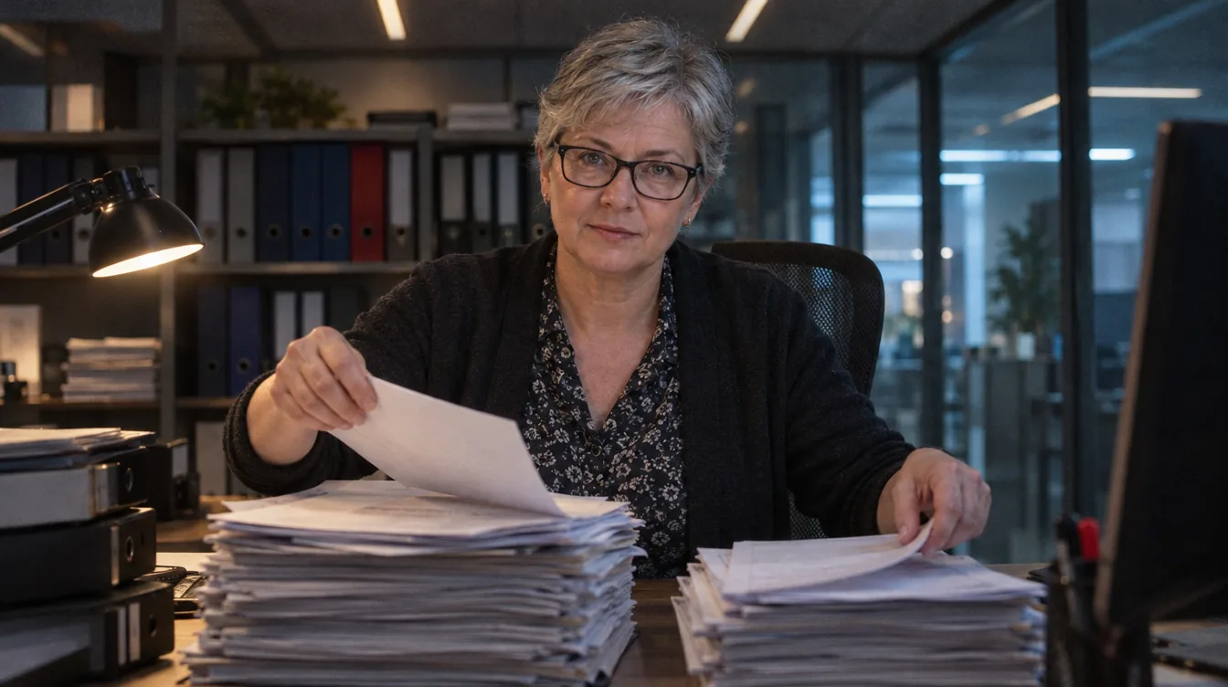 Accounting office, a desk with binders: a stack of paper invoices, a person sorts through them and sets them down in two piles.