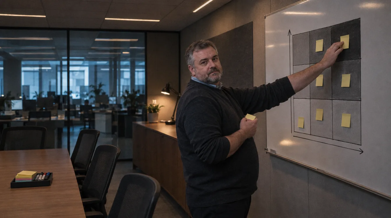 Project room, a matrix on the board: a person sticks a note in a cell of the risk matrix drawn on the board.