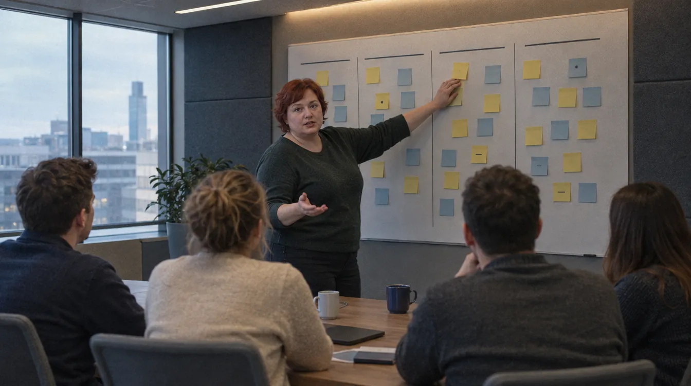 Team area, a board: a person at the board with the sticky notes, the team at the table seen from behind.