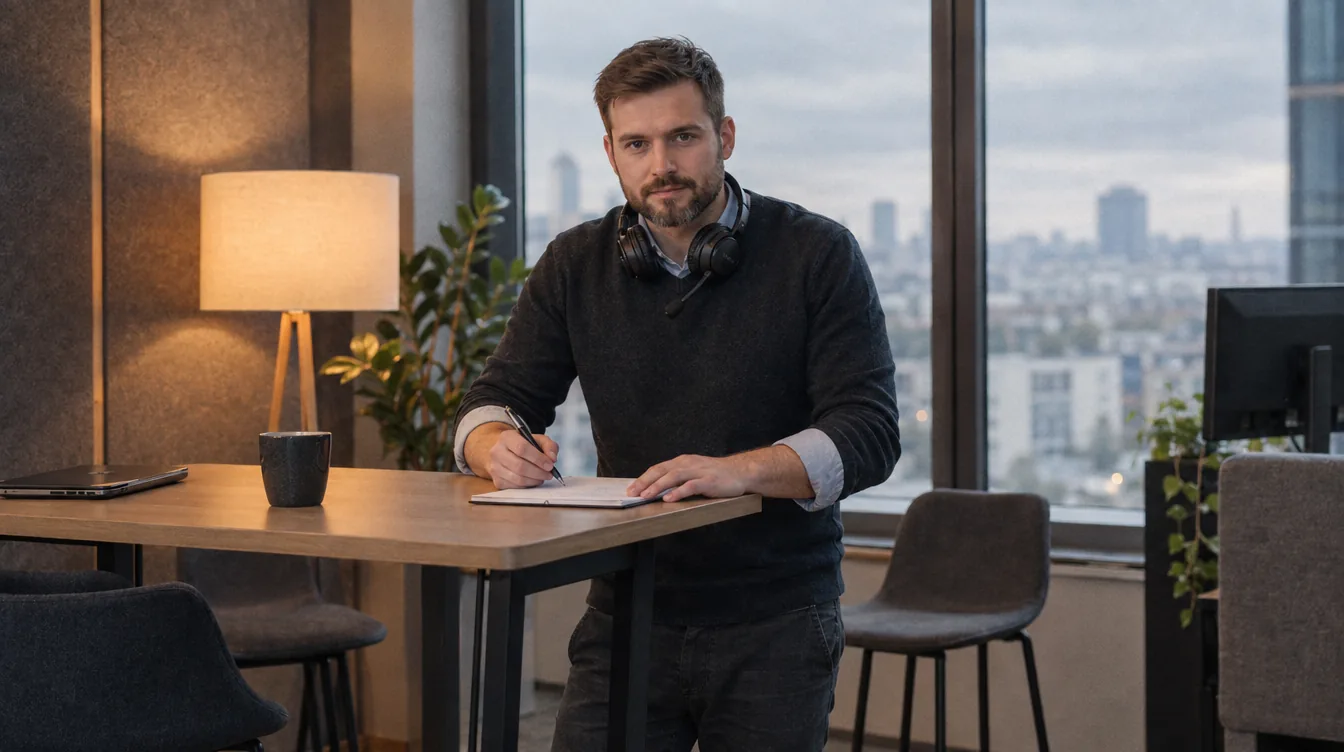 The area by the window, a high table: headphones round the neck, a notebook with a list of names, a person writes something with a pen during a call.