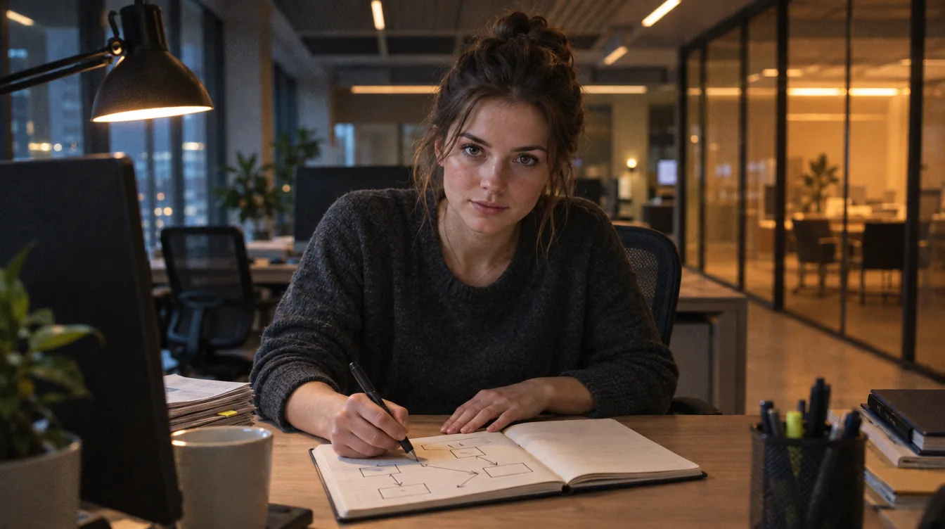 A desk, the monitor with its back to the camera: a notebook with the page structure written out, a person draws arrows between the blocks.