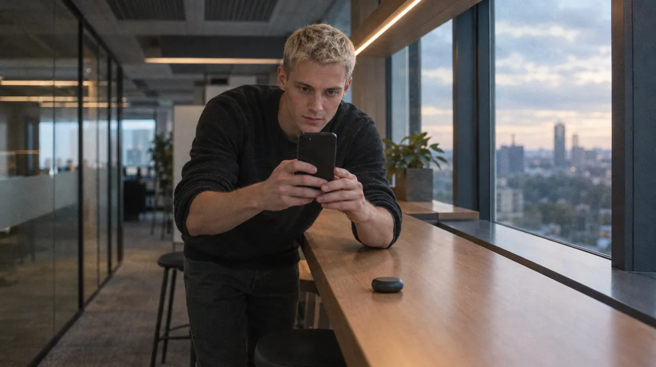 The area by the window, a phone in the hand: the phone held upright, a person frames a photo of an object lying on the worktop.