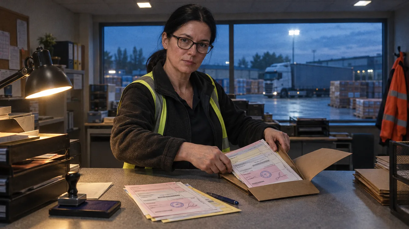 Office by the terminal, a window onto the yard: a stack of transport documents, a person assembles them into a folder.