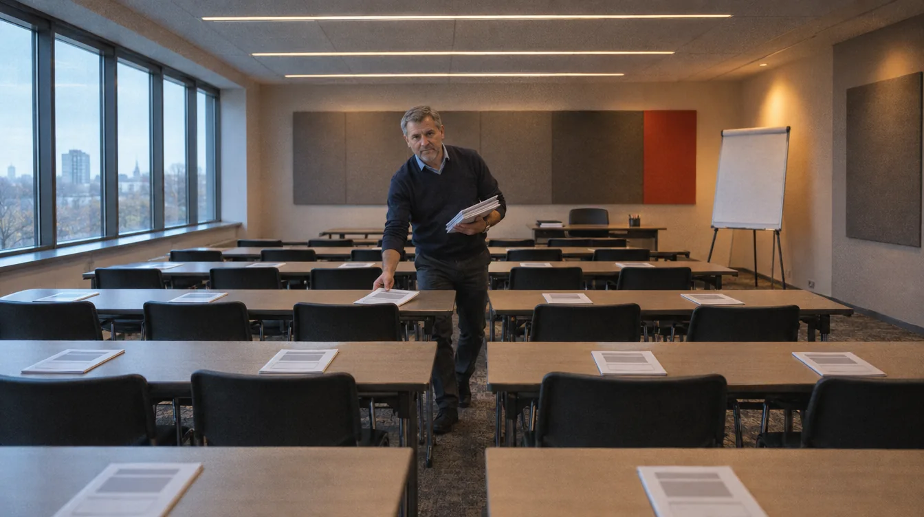 Training room before the session: a person lays out materials on the tables.