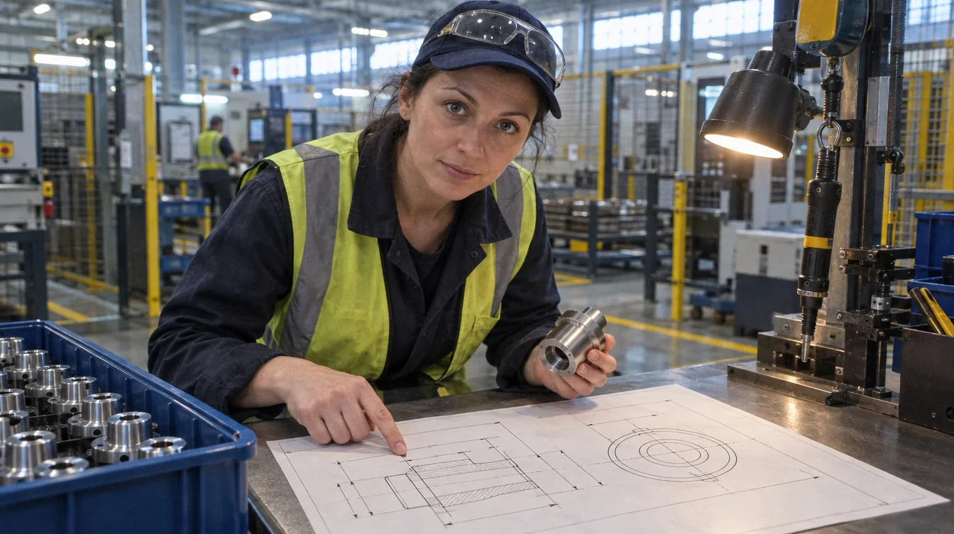 Shop floor, at the assembly station: a person compares a part with a technical drawing lying on the table.